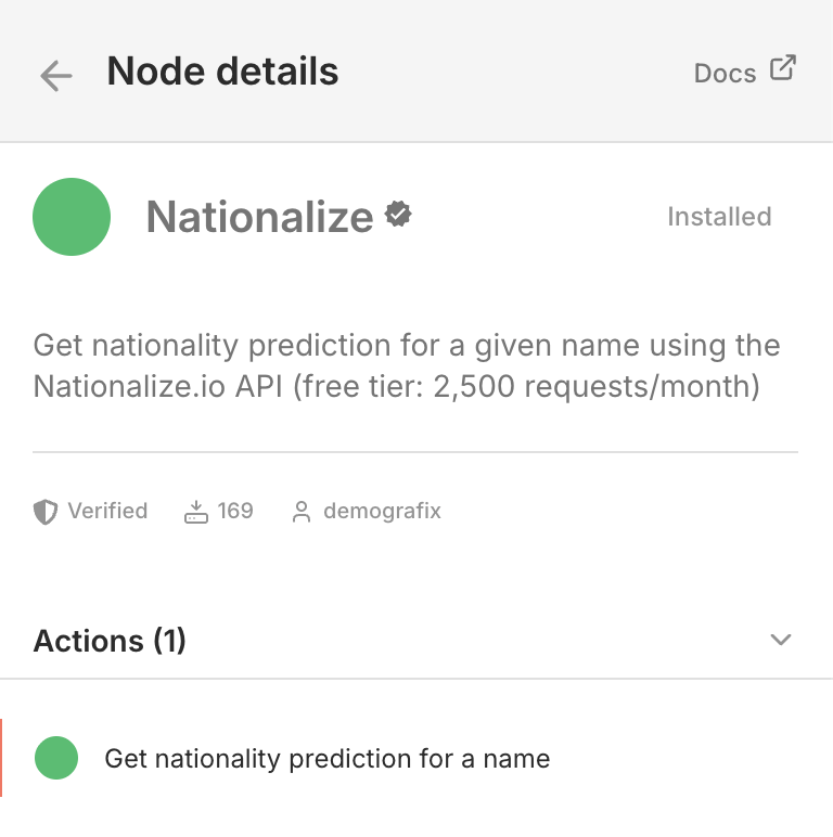 n8n node picker with Nationalize selected.