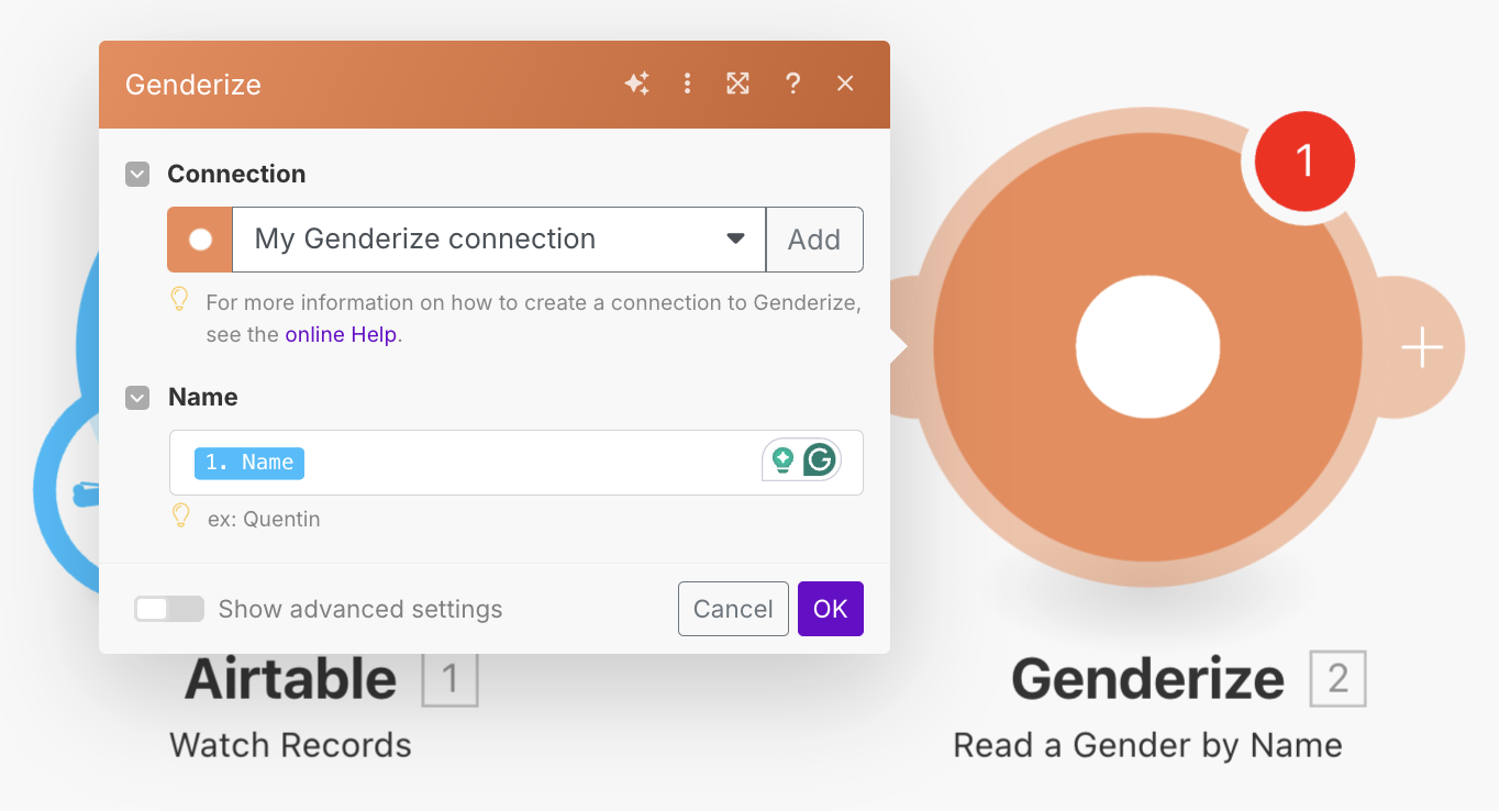 Configuring Make to check gender from names using Genderize.io