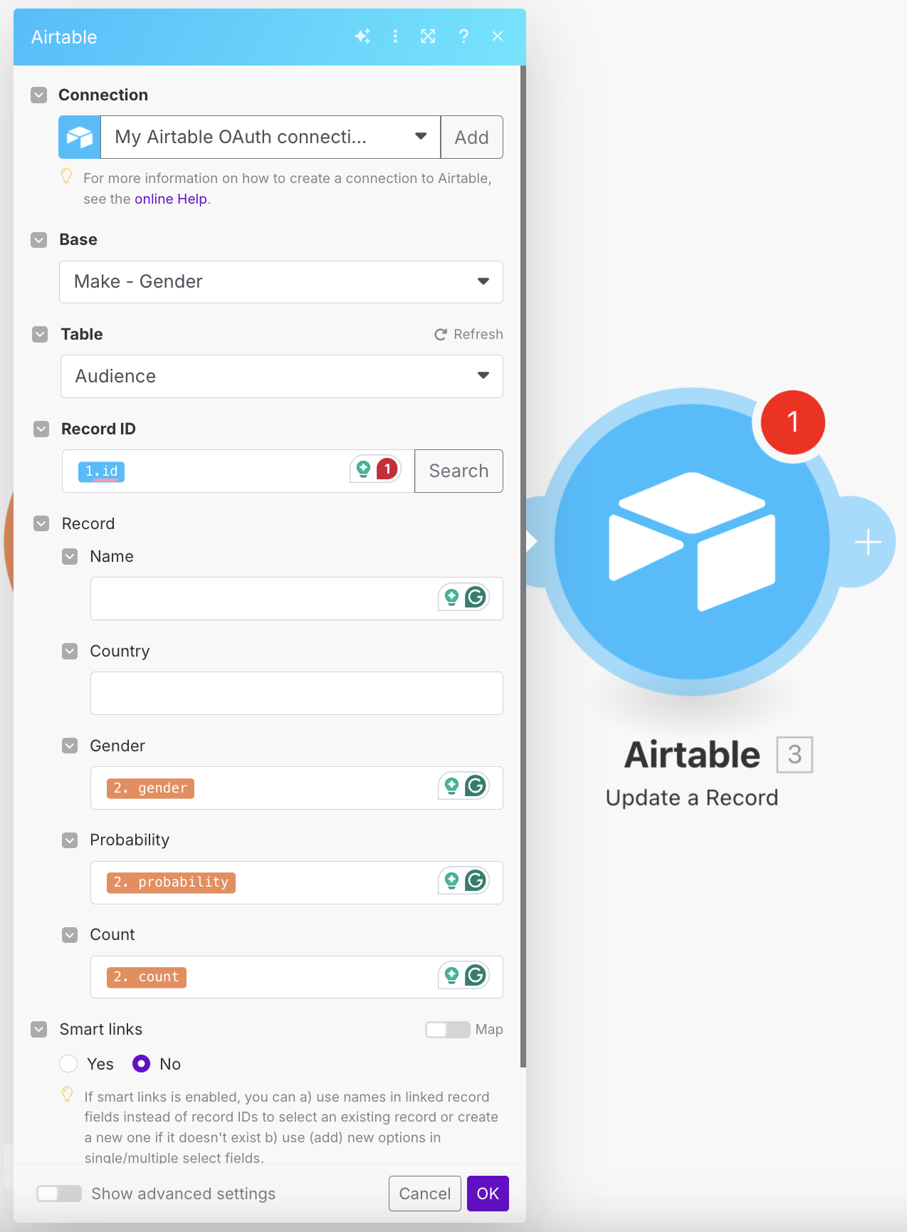 Configuring Make to update Airtable with gender classifications from Genderize.io